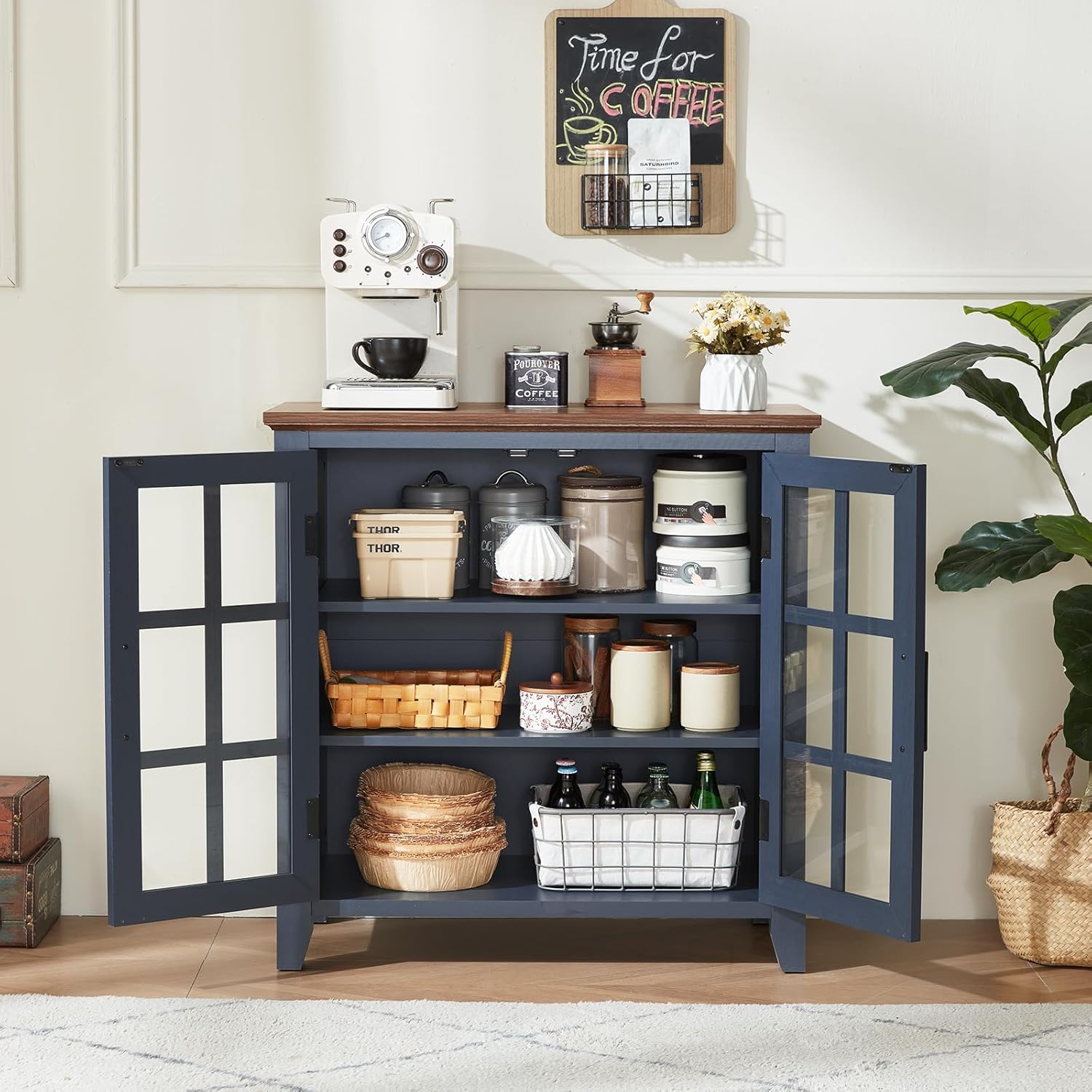 Joaxswe Large Sideboard Buffet Cabinet with Storage, 32" Farmhouse Navy Blue Kitchen Coffee Wine Bar Cabinet with 2 Glass Doors, Wood Mid Century Modern Side Board Table for Dining Room, Living Room