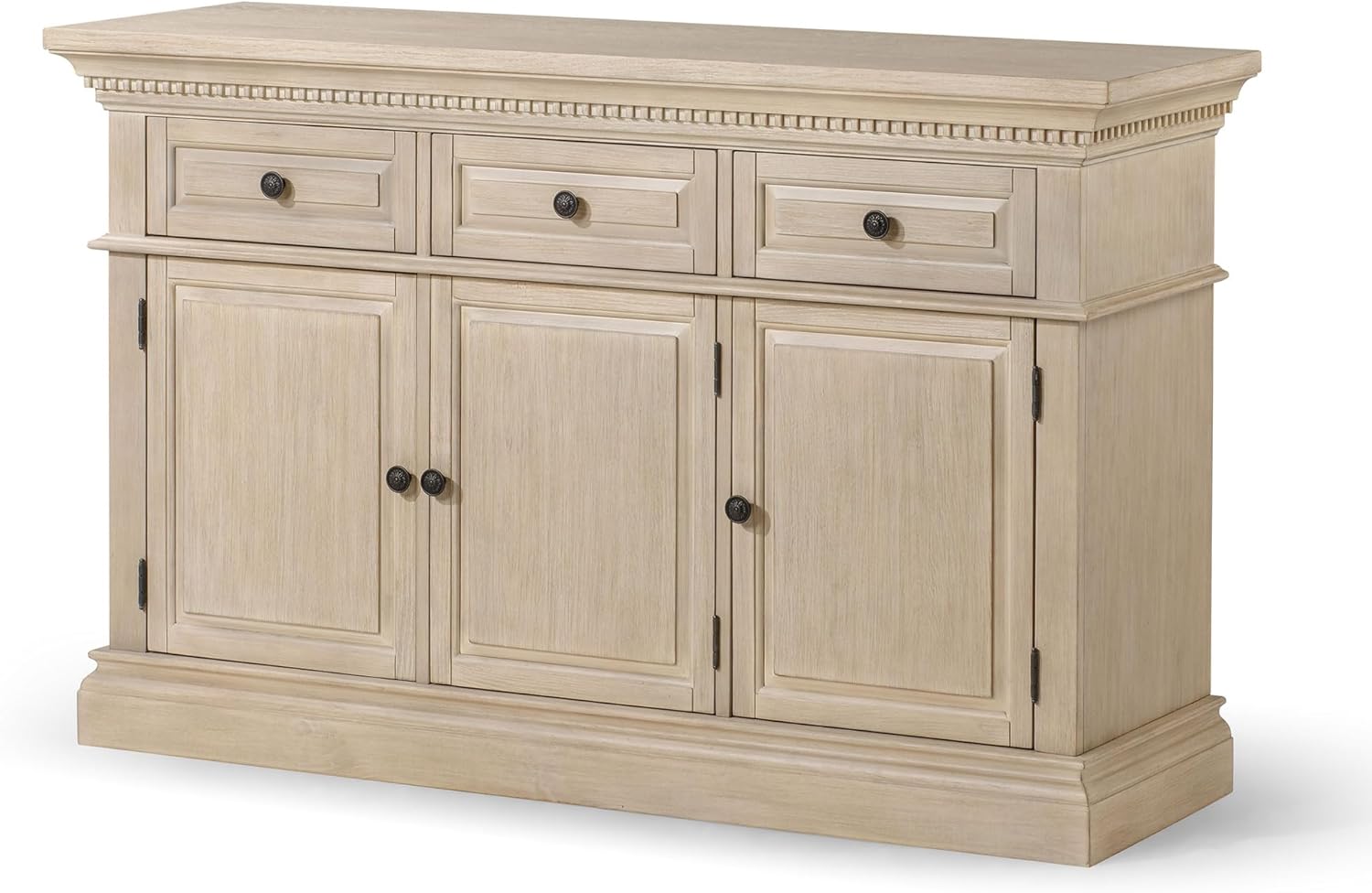 Maven Lane Theo Traditional Large Wooden Sideboard, Accent Buffet Server Table with Doors for Kitchen or Living Room in Antiqued White Finish