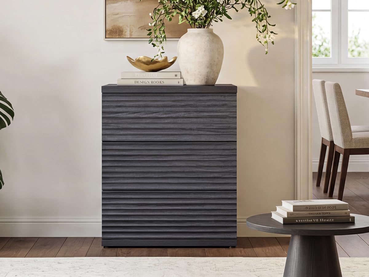 SICOTAS Sideboard Buffet Storage Cabinet, Fluted Credenza Liquor Cabinet with 3 Drawers, Mid Century Modern Coffee Bar Cabinet Console Table for Kitchen Hallway (3 Pieces)