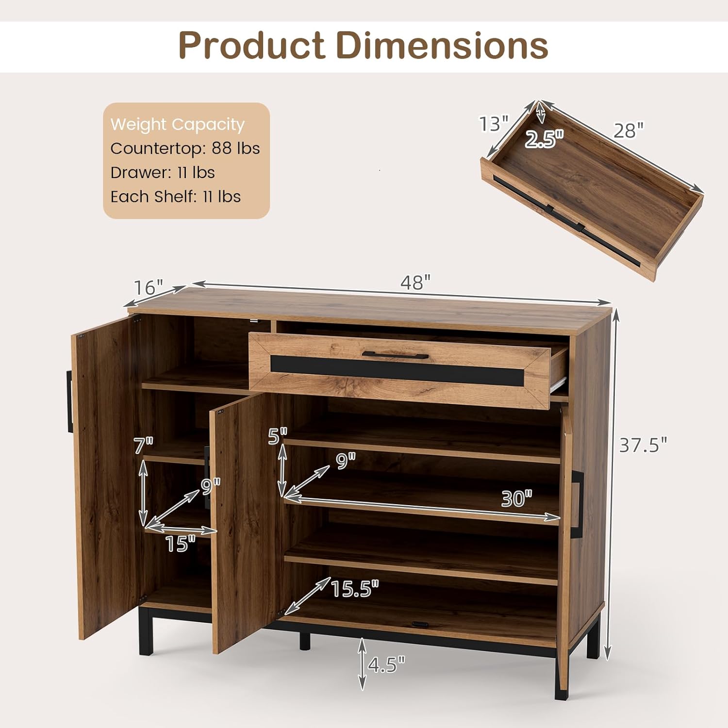 Giantex 48" Buffet Cabinet with Storage, 3-Door Large Farmhouse Sideboard with Drawer, Removable Shelves, Accent Buffet Table for Entryway Coffee Bar, Kitchen, Entryway, Living Room