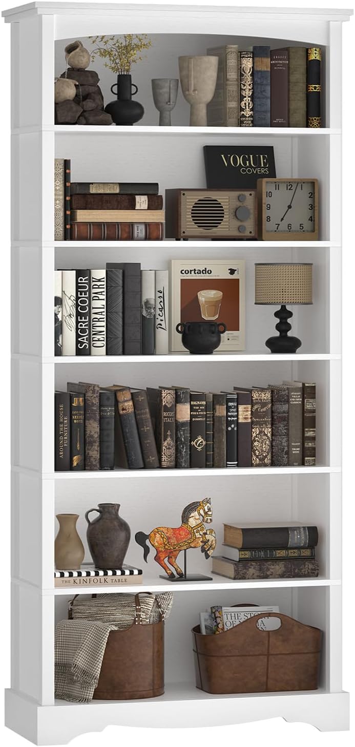 TVU 6-Tier Wooden Bookshelf, 76 Inch Tall Bookshelf with Storage, Floor Standing Modern Style Display Bookcase for Living Room, Office, Study Room, Entryway, White