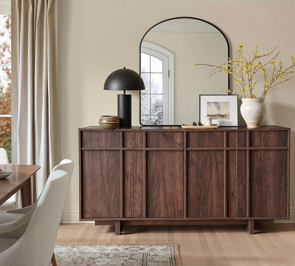Sideboard Buffet Cabinet with Storage, Mid Century Modern Accent Cabinet with Skeleton Line & Wood Grain Texture,Minimalist Geometric Credenza for Living Room, Kitchen and Entryway, Cherry