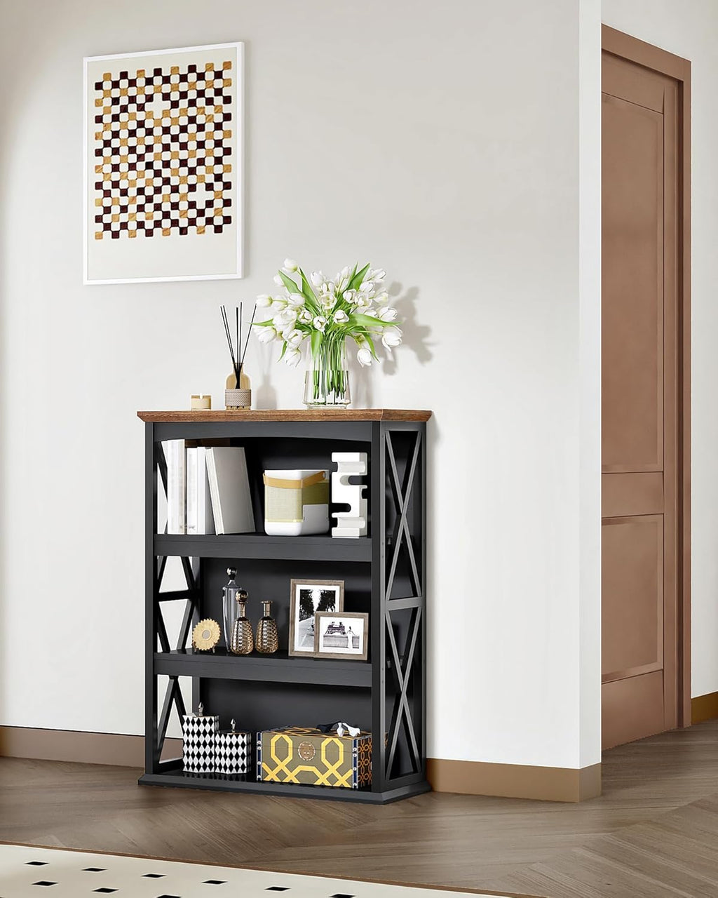 CHOEZON 4-Tier Bookcase, 42.9" Floor Standing Organizer Shelf, Corner Book Stand, Metal Frame, for Study, Bedroom, Living Room, Black and Walnut TSJ01BL