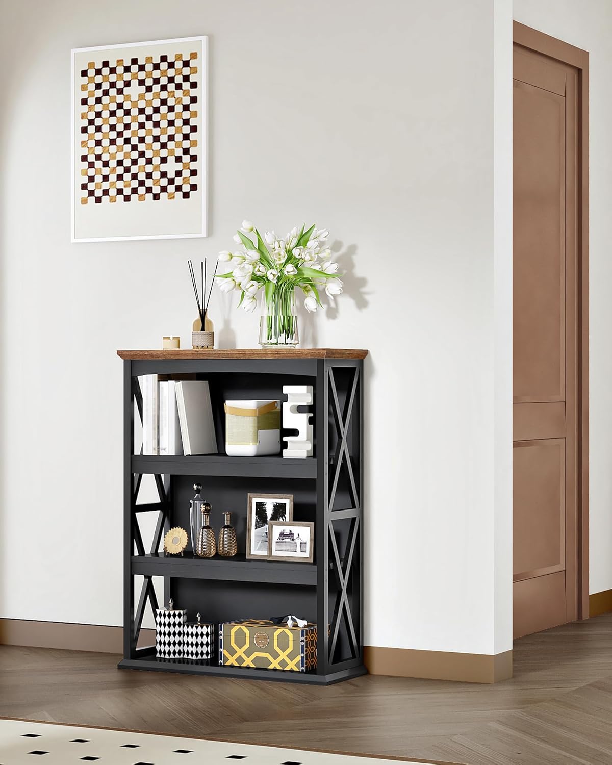 CHOEZON 4-Tier Bookcase, 42.9" Floor Standing Organizer Shelf, Corner Book Stand, Metal Frame, for Study, Bedroom, Living Room, Black and Walnut TSJ01BL