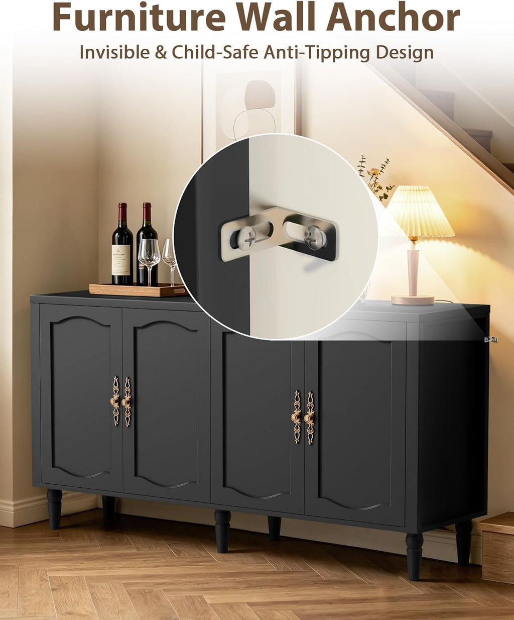 fineway 63" Sideboard Buffet Cabinet with Storage, Mid Century Modern Credenza with Adjustable Shelves & Carved Handles, Kitchen Buffet Table Large Coffee Bar for Dining Room & Living Room, Black