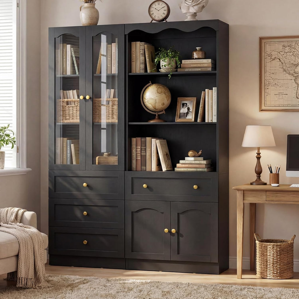 Cyclysio 80" Tall Bookcase with Doors and Drawers, Set of 4 Bookshelves and Bookcases, Arched Glass Display Cabinet and Open Storage Organizer, Farmhouse Library Furniture for Living, Office, Black