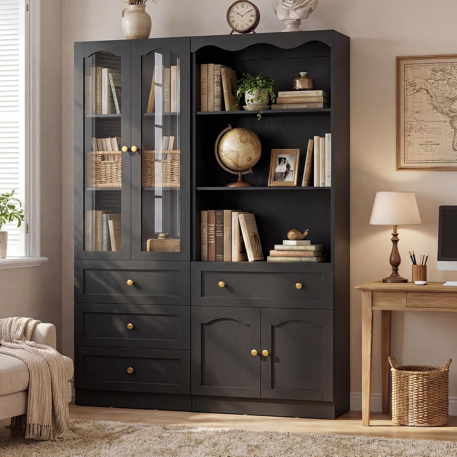 Cyclysio 80" Tall Bookcase with Doors and Drawers, Set of 4 Bookshelves and Bookcases, Arched Glass Display Cabinet and Open Storage Organizer, Farmhouse Library Furniture for Living, Office, Black