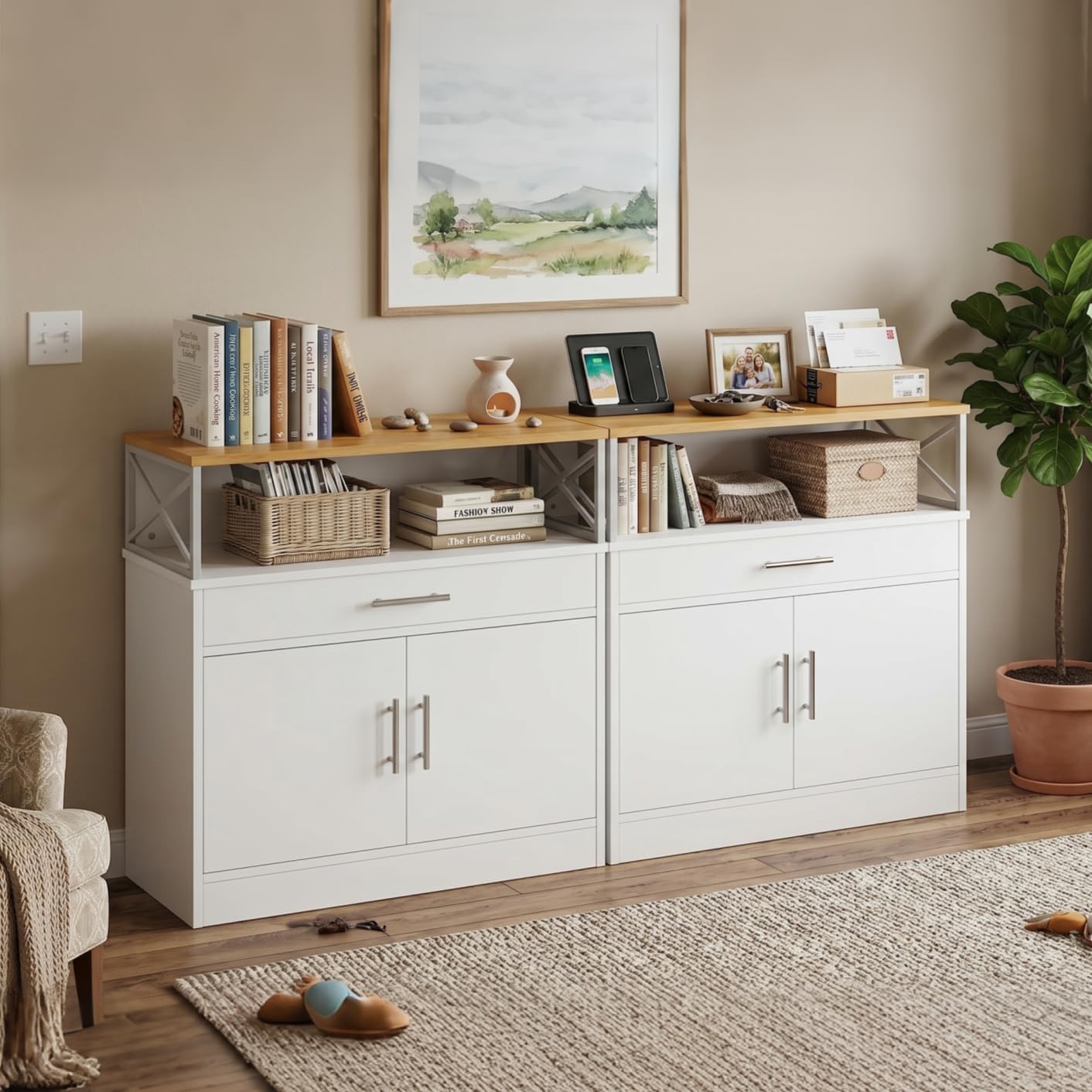 Vongrasig Coffee Bar Cabinet, Farmhouse Kitchen Storage Cabinet with Adjustable Shelf, 31“ Modern Sideboard Buffet Table for Kitchen, Dining Room, White