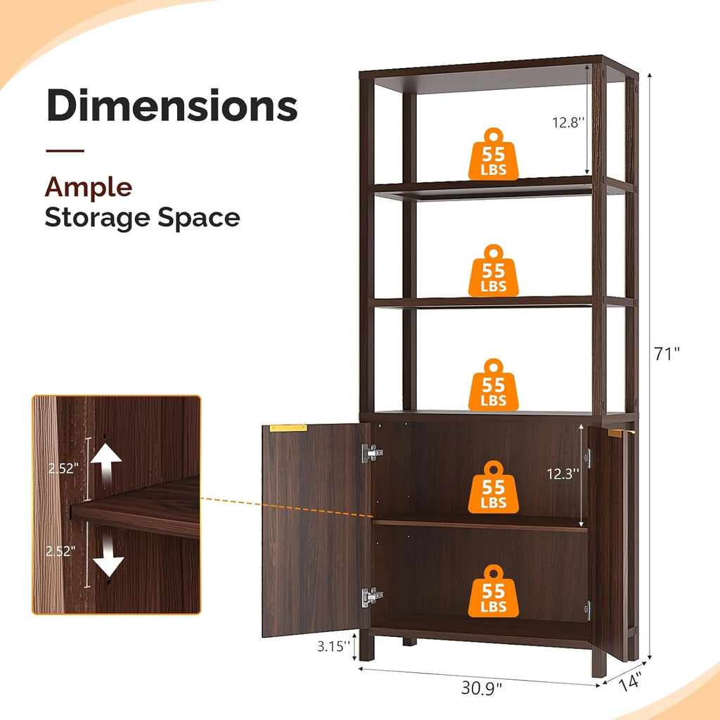 VINGLI Bookcase with Fluted Doors, 71" Wood Storage Cabinet with Adjustable Shelves, 6-Tier Display Cabinet Bookshelf for Study, Living Room, Home Office, Kitchen Pantry, Walnut