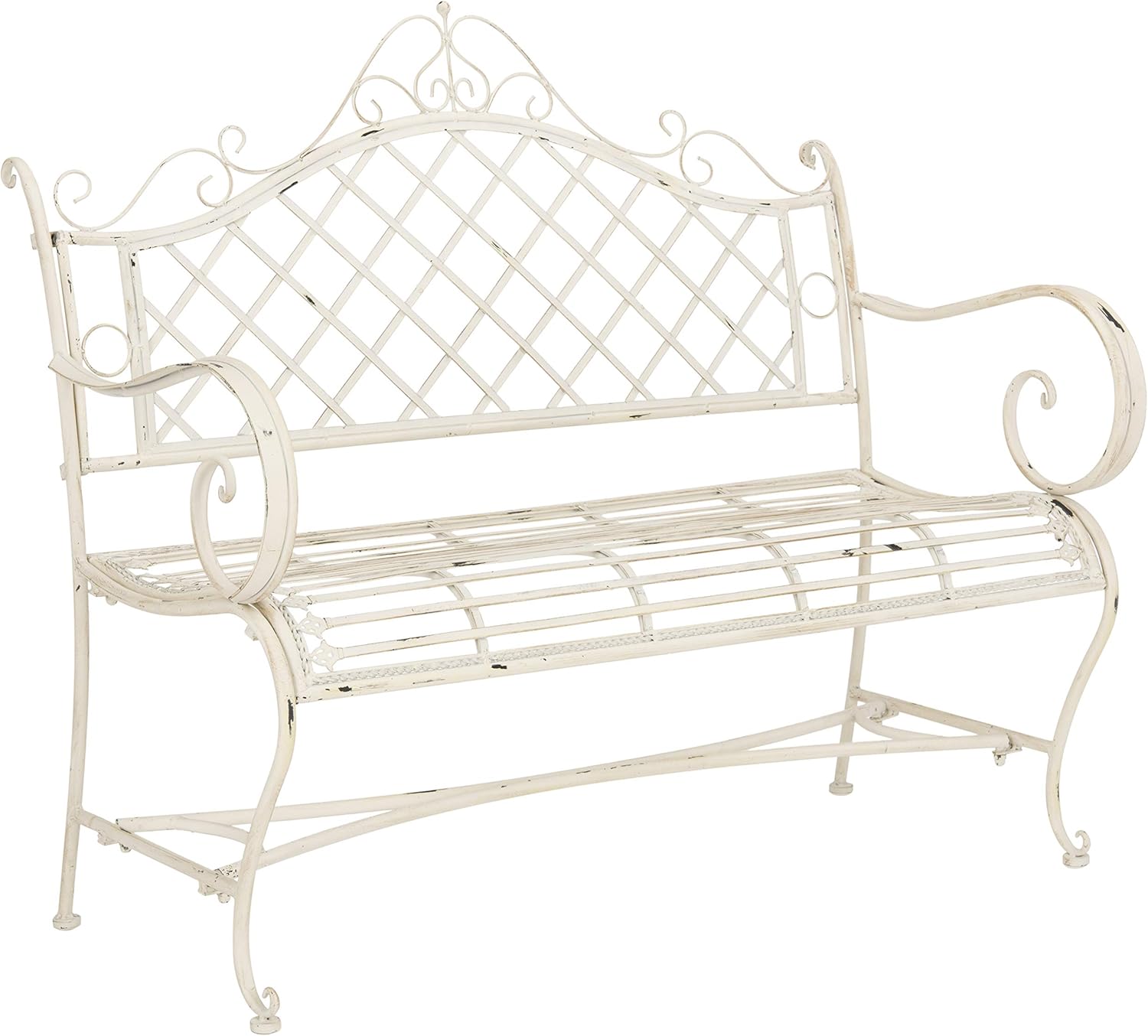 SAFAVIEH Outdoor - Abner Outdoor Iron Garden Bench - Antique White - Scrollwork Design - Ideal for Patio, Deck, Porch, Garden, 17" Seat Height (PAT5017A)