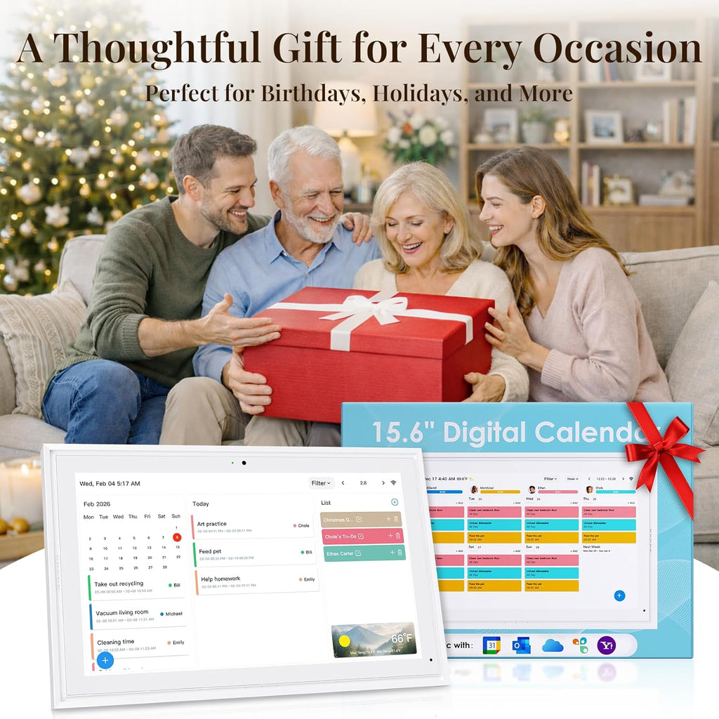 15.6" Electronic Wall Calendar & Digital Family Planner, 2K Smart Touchscreen Display with Video Call, Chore Chart & Shared Family Schedule, 4+64GB, Wall or Desk Mount, Interactive Calendar Organizer