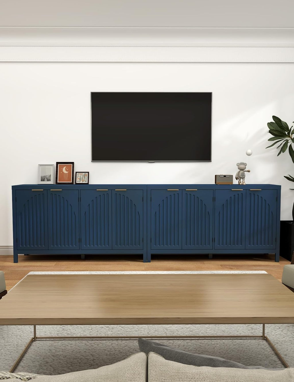 Fluted Sideboard Buffet Cabinet with Storage, 58'' Mid Century Modern Accent Credenza with Arch Doors & Adjustable Shelves, Wooden Coffee Bar for Dining Room Kitchen Living Room Entryway Hallway