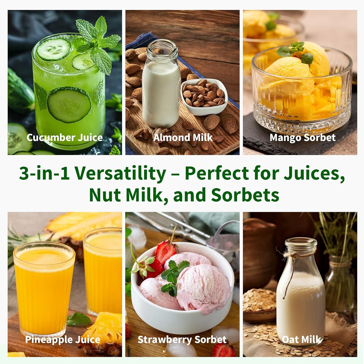 Juicer Machines, Cold Press Juicer with 6" Extra-Large Feed Chute, 400W Motor, High Juice Yield, Easy to Clean, Dishwasher Safe Parts, 3-in-1 for Juice, Nut Milk & Sorbet, Whole Fruits & Vegetables