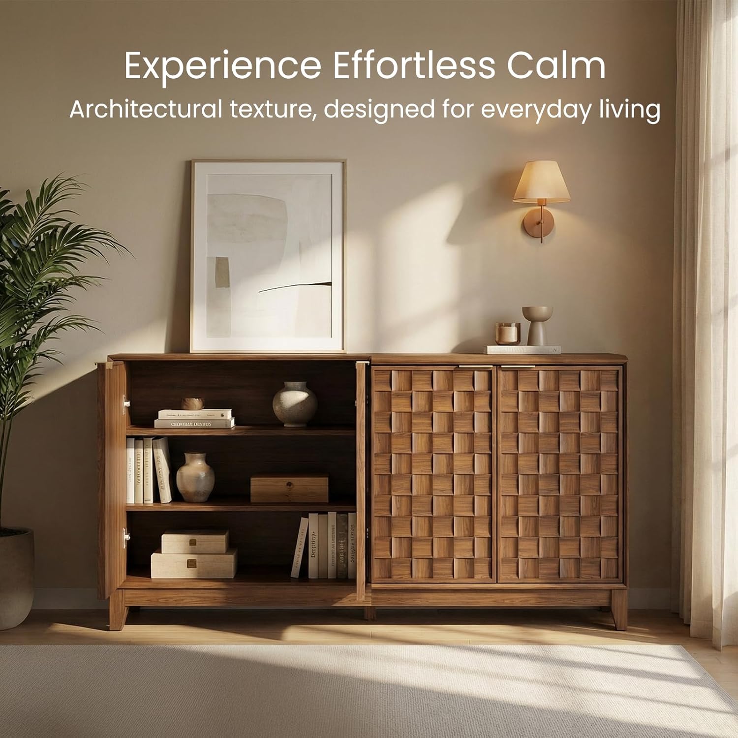 COLAMY 60" Sideboard Buffet Cabinet with Storage, Modern 3D Checkerboard Credenza with 4 Doors & Solid Wood Legs, Large Kitchen Coffee Bar Console Table for Dining Room, Living Room,Walnut Black