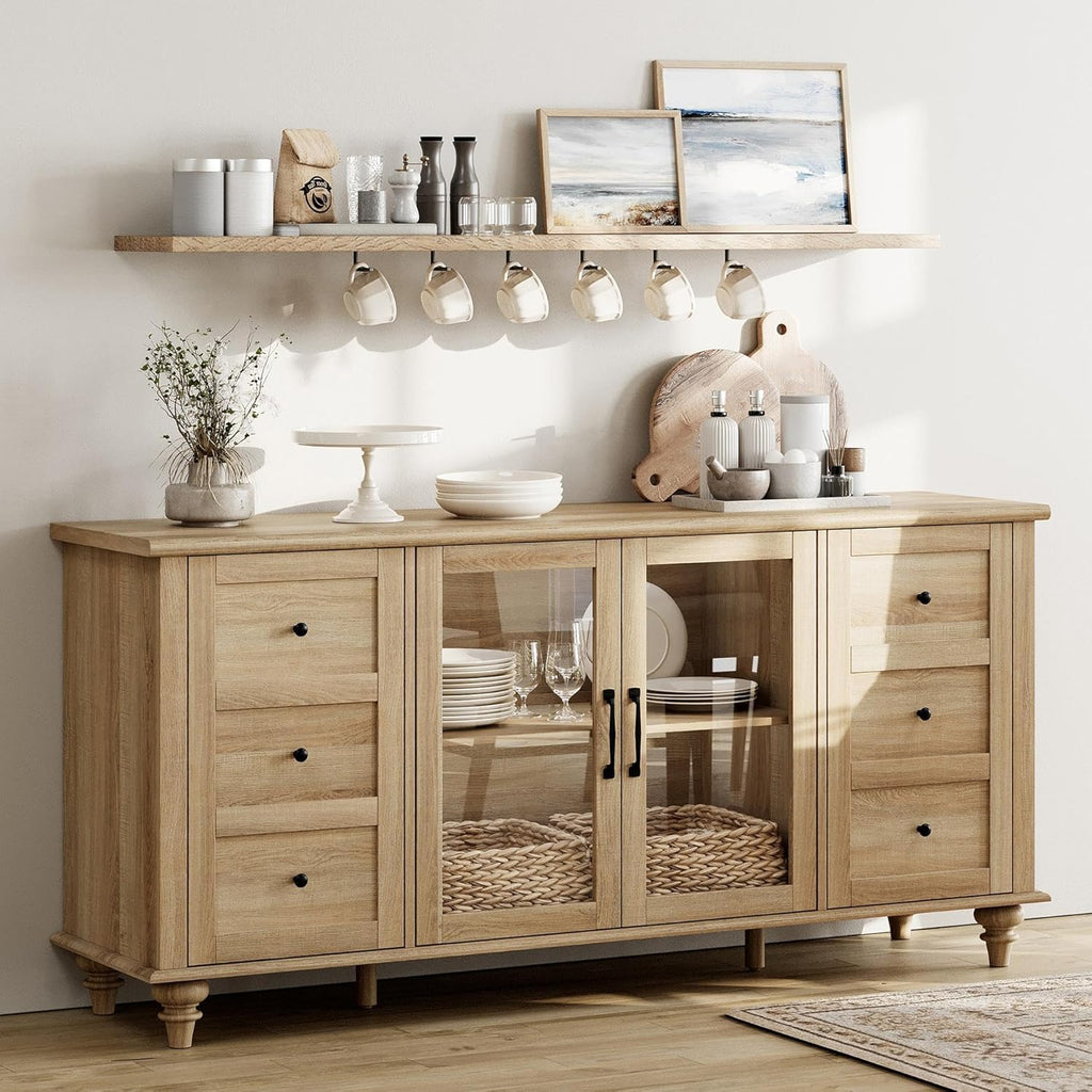 WAMPAT Farmhouse Sideboard Buffet Cabinet with Glass Door & Adjustable Shelf, Wooden Coffee Bar Table with Solid Wood Leg, Kitchen Storage Cabinet for Dining Room, Oak, 58 Inch