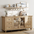 WAMPAT Farmhouse Sideboard Buffet Cabinet with Glass Door & Adjustable Shelf, Wooden Coffee Bar Table with Solid Wood Leg, Kitchen Storage Cabinet for Dining Room, Oak, 58 Inch