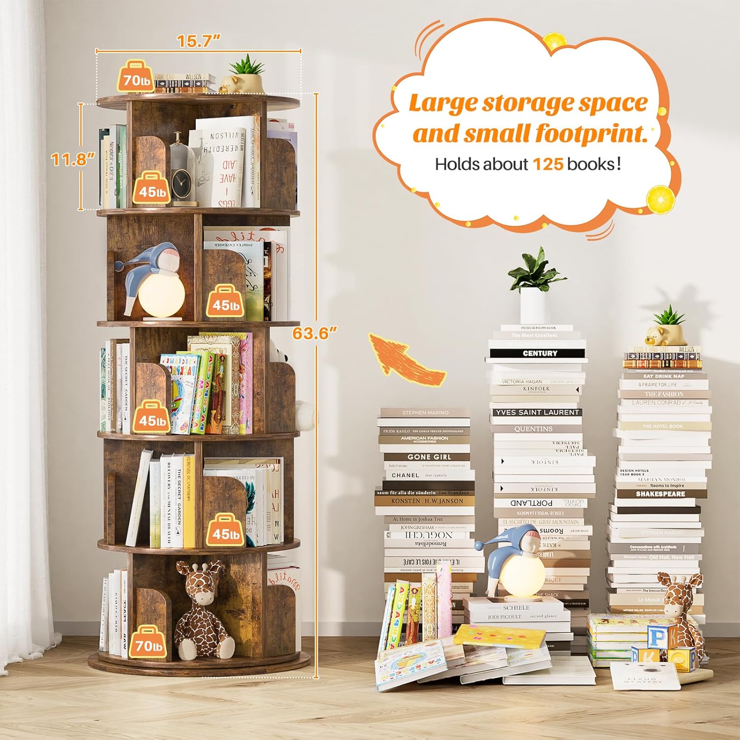 Aheaplus Rotating Bookshelf, 360 Display Wood Spinning Bookshelf Tower, 5 Tier Floor Standing Bookcase Storage Rack, Revolving Bookcase Corner Bookshelfs for Small Space, Study, Bed Room, Rustic Brown