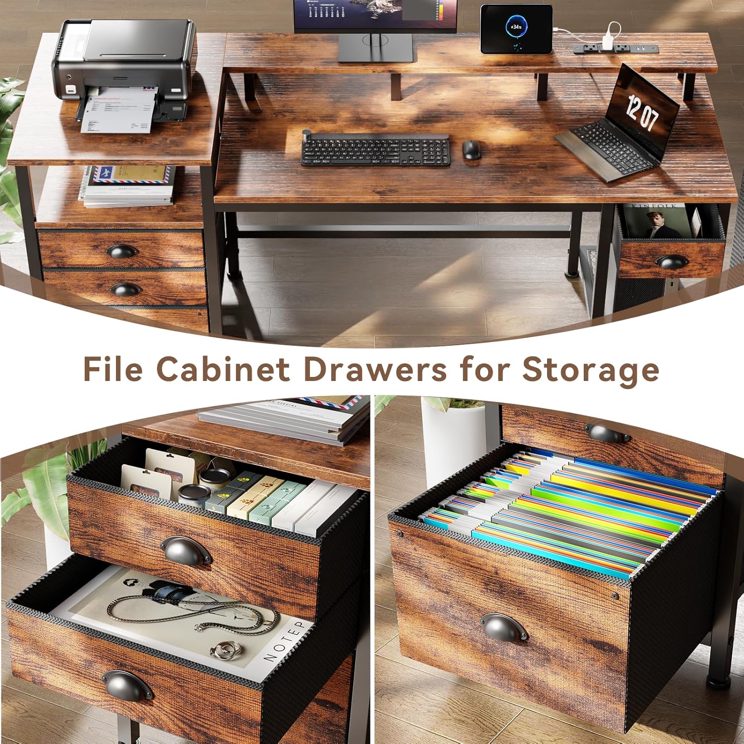 Furologee 60" Computer Desk with File Cabinet and Storage Shelves, Reversible Home Office Desk with LED Lights, Full Monitor Stand, Power Outlets, Study Gaming Table with 4 Drawers, Rustic Brown