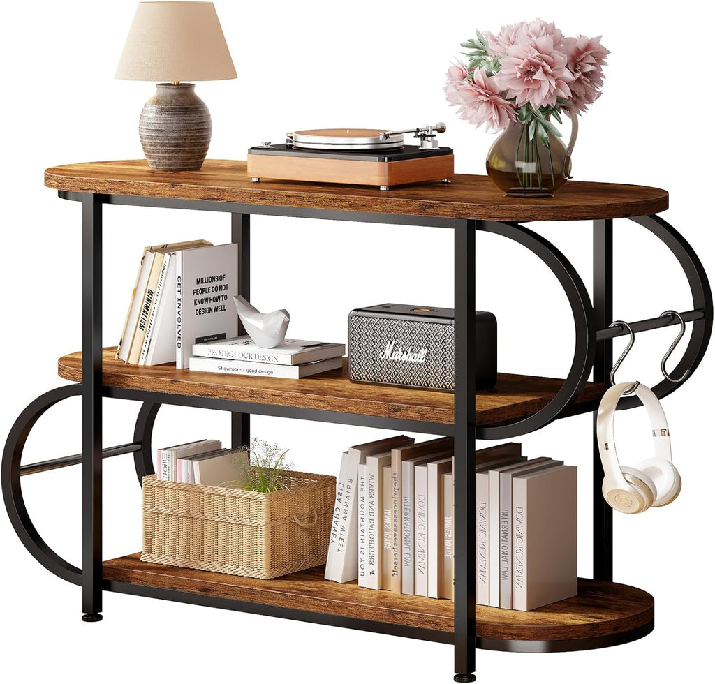IBF 3 Tier Bookshelf with LED Light & Hooks, Farmhouse Low Horizontal Open Book Shelf, 39" Industrial Wood and Metal Bookcase, Oval Storage Display Shelf for Bedroom, Living Room, Office, Rustic Brown
