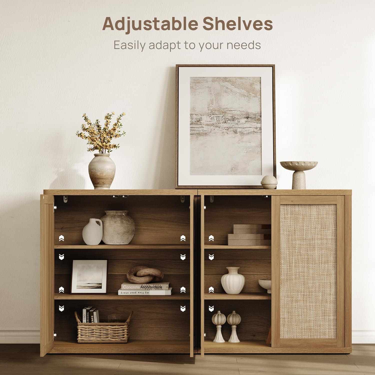 SICOTAS Rattan Sideboard Buffet Console Table - 95” Larger Modular Credenza Stand, 3 Pieces Boho Coffee Bar Cabinet with Storage & Adjustable Shelves for Hallway, Living Room, Dining Room
