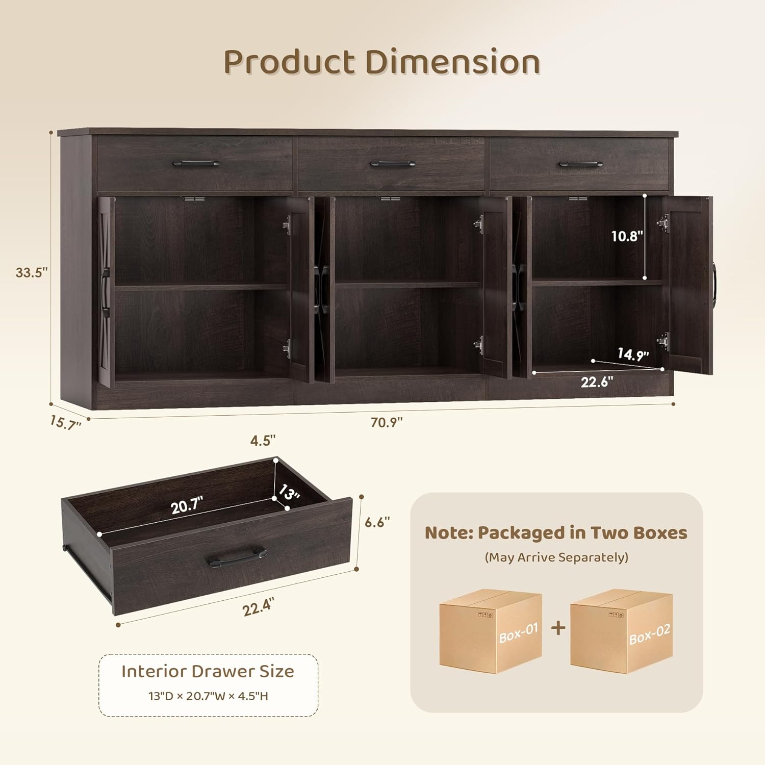 HOSTACK 71" Large Sideboard Buffet Cabinet with Storage, Farmhouse Coffee Bar Cabinet with 3 Drawers, Long Kitchen Buffet Table, Kitchen Sideboard Storage Cabinet for Dining, Living Room, Dark Brown