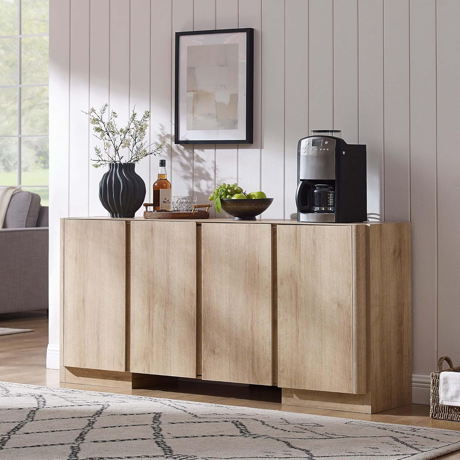 66" Large Sideboard Buffet Cabinet with Storage, 30" Tall Modern Kitchen Storage Cabinet, Adjustbale Shelf, Coffee Bar, Long Accent Table for Dining Room, Living Room, Entryway, Natural Oak