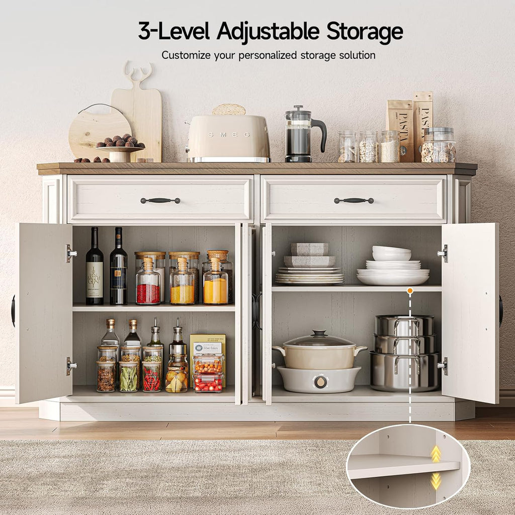 ONBRILL 55" Sideboard Buffet Cabinet with 2 Storage Drawers & 4 Doors, Modern Kitchen Sideboards and Buffets with Adjustable Shelves, Wood Coffee Bar Cabinet for Living Room, Entryway, Off-White