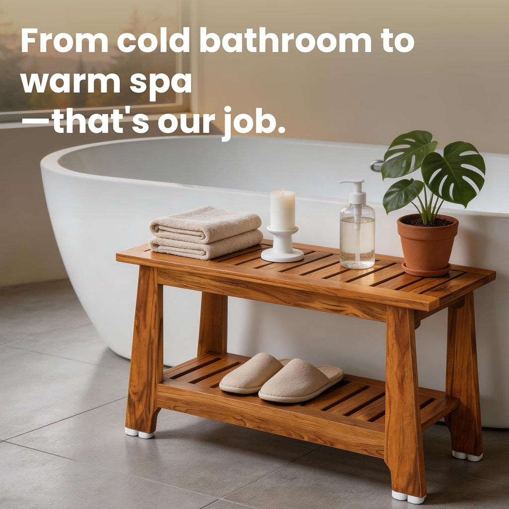 NNN 30" Commercial Teak Shower Bench - 8 Non-Slip Leveling Feet & 350 lbs Capacity | Rock-Solid Stability for Seniors & Spa Safety | Waterproof Design for Saunas/Outdoor Pools (Patented)