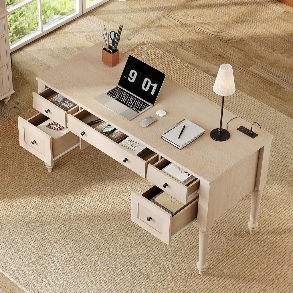 WAMPAT Home Office Furniture Set, 56'' Executive Desk with Charging Station, 72" Tall Bookcase with 2 Glass Doors, Wood Computer Desk with File Cabinet Storage, Open Shelf, Light Oak