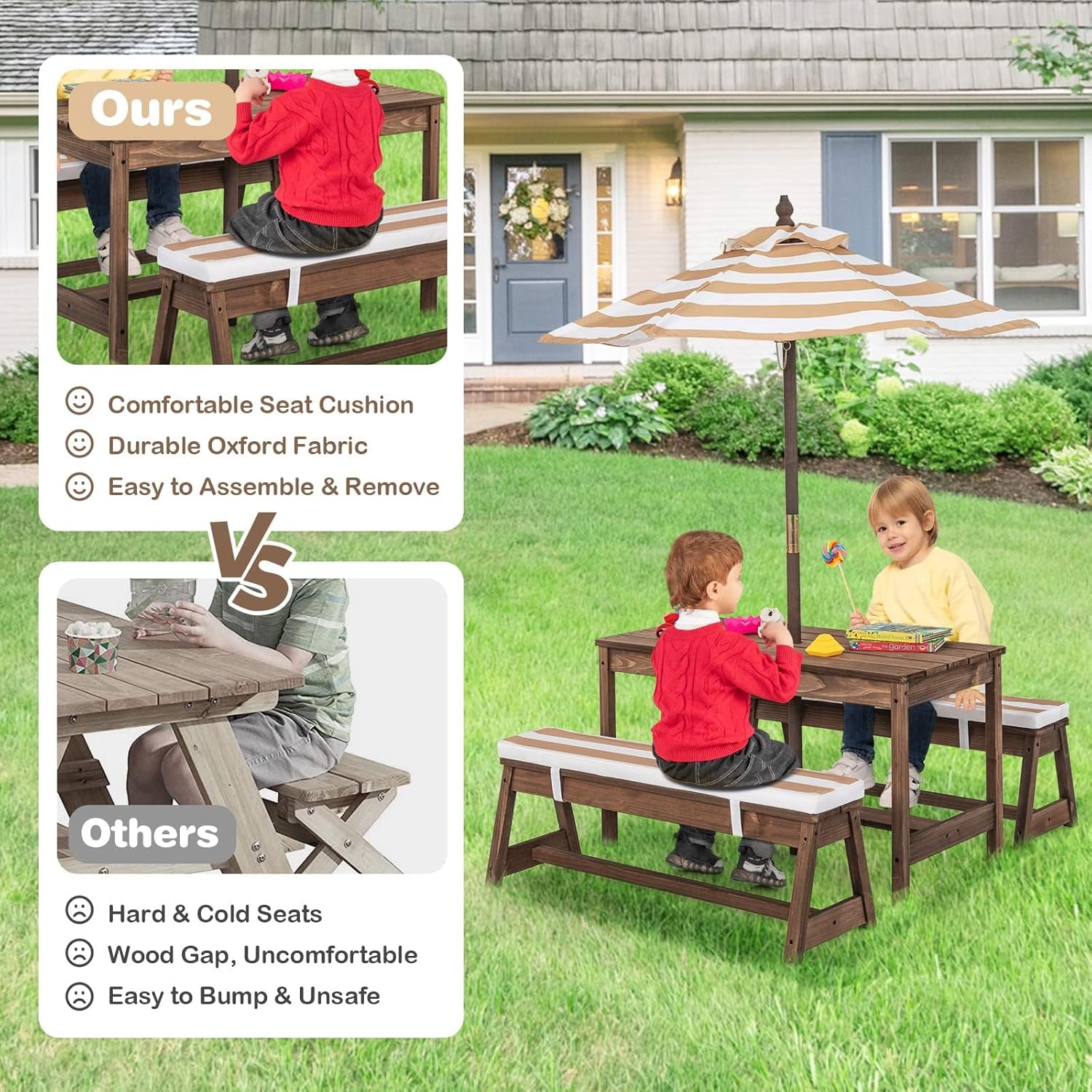 HONEY JOY Kids Picnic Table, Outdoor Wooden Table & Bench Set w/Removable Cushions and Umbrella, Stripe Fabric, Children Backyard Furniture for Patio Garden, Gift for Toddler Boys Girls Age 3+(Coffee)