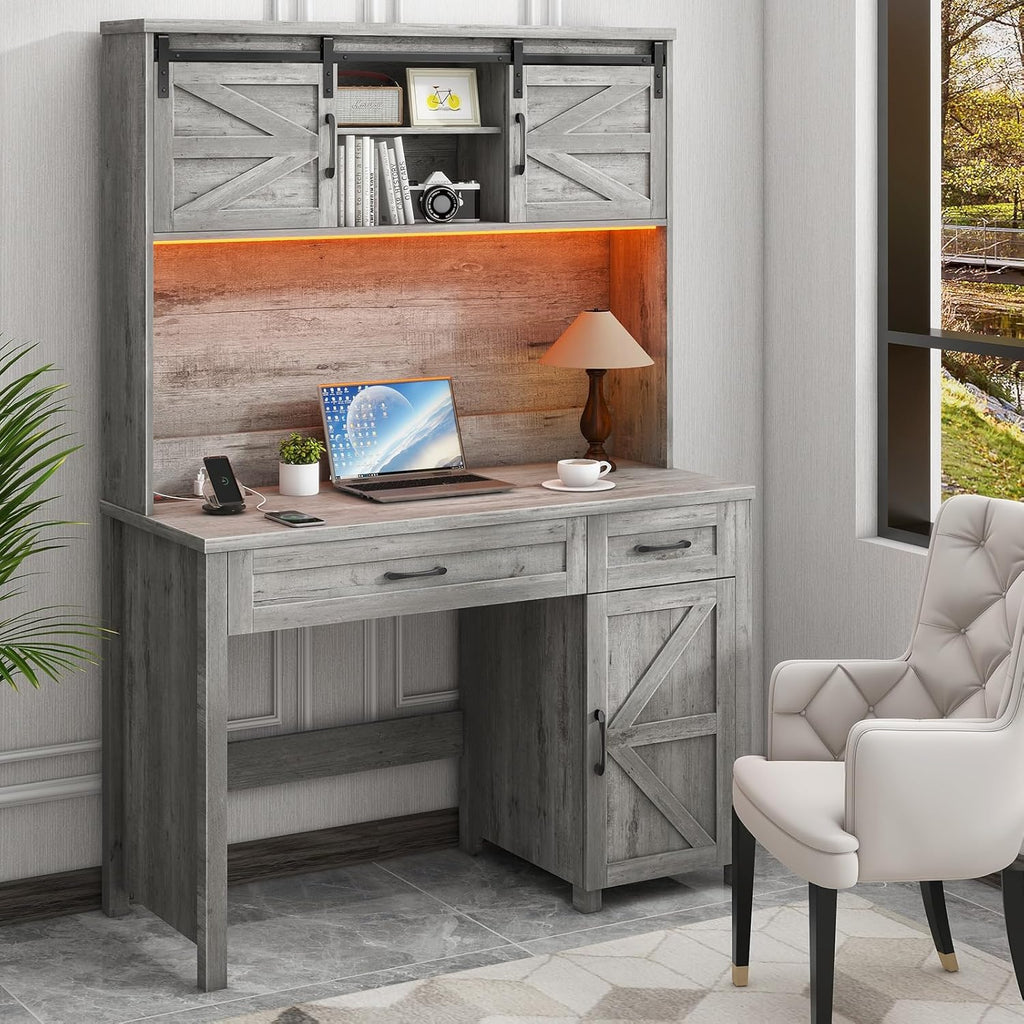 Vabches Farmhouse 47" Executive Desk, Computer Desk with 2 Drawers, LED Light and Storage Cabinet, Home Office Desk with Hutch, Charging Hub, Workstation for Home Office and Study, (Grey).