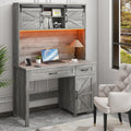 Vabches Farmhouse 47" Executive Desk, Computer Desk with 2 Drawers, LED Light and Storage Cabinet, Home Office Desk with Hutch, Charging Hub, Workstation for Home Office and Study, (Grey).
