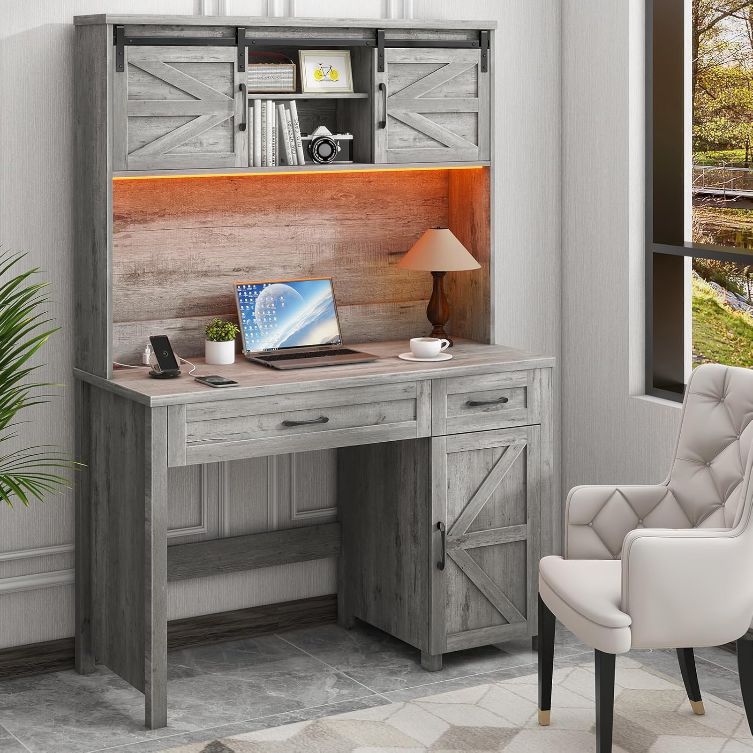 Vabches Farmhouse 47" Executive Desk, Computer Desk with 2 Drawers, LED Light and Storage Cabinet, Home Office Desk with Hutch, Charging Hub, Workstation for Home Office and Study, (Grey).