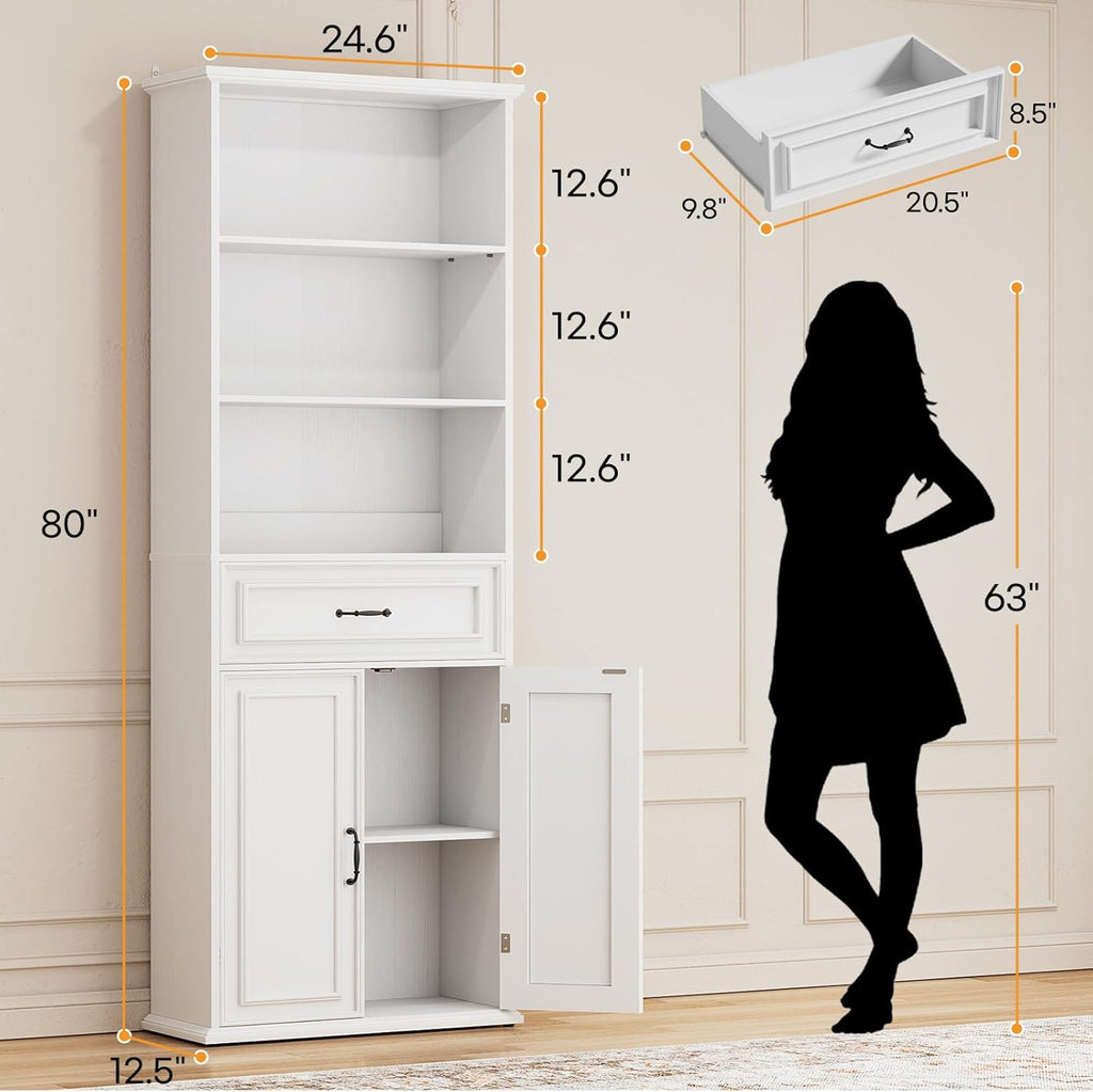 Cyclysio 80" Tall Bookcase Set of 2, Farmhouse 2 Set Bookshelves with Drawer and Doors, Floor Standing 6 Shelf Display Storage Cabinet for Home Office, Living Room (2, Antique White)