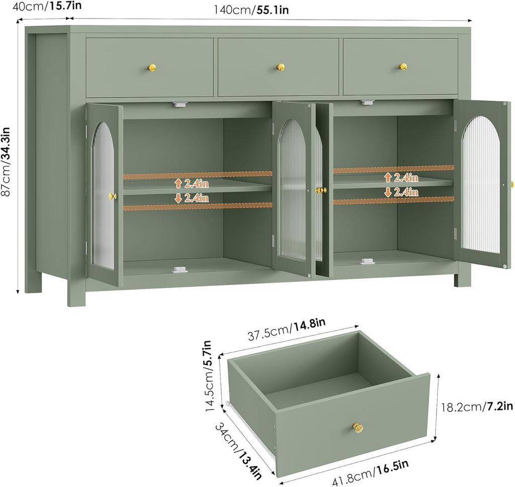 FINETONES Buffet Cabinet with Storage, 55.1" Large Sideboard Buffet, Farmhouse Kitchen Cabinet with 3 Drawers and 4 Doors, Wood Coffee Bar Table for Kitchen, Green
