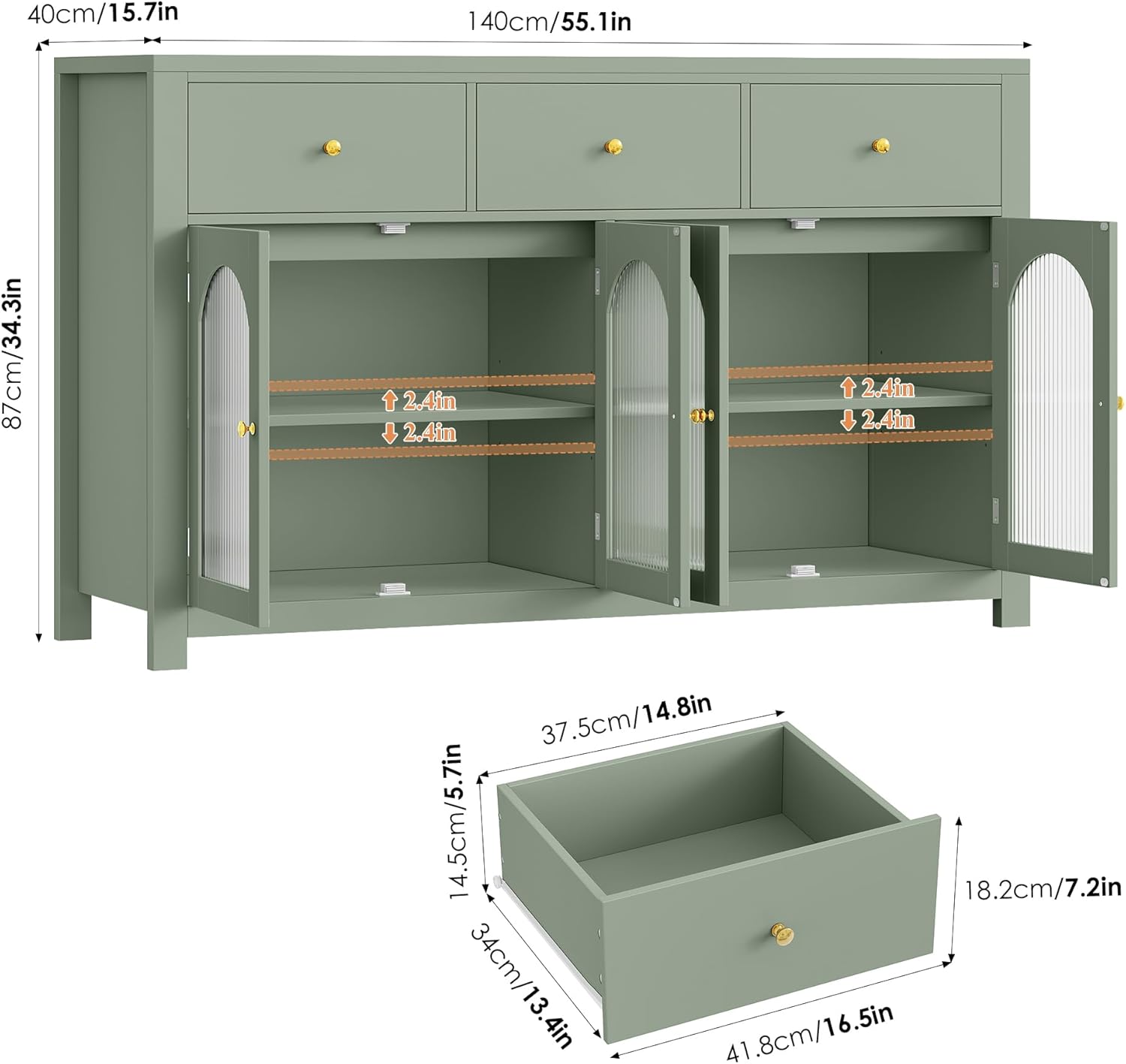 FINETONES Buffet Cabinet with Storage, 55.1" Large Sideboard Buffet, Farmhouse Kitchen Cabinet with 3 Drawers and 4 Doors, Wood Coffee Bar Table for Kitchen, Green