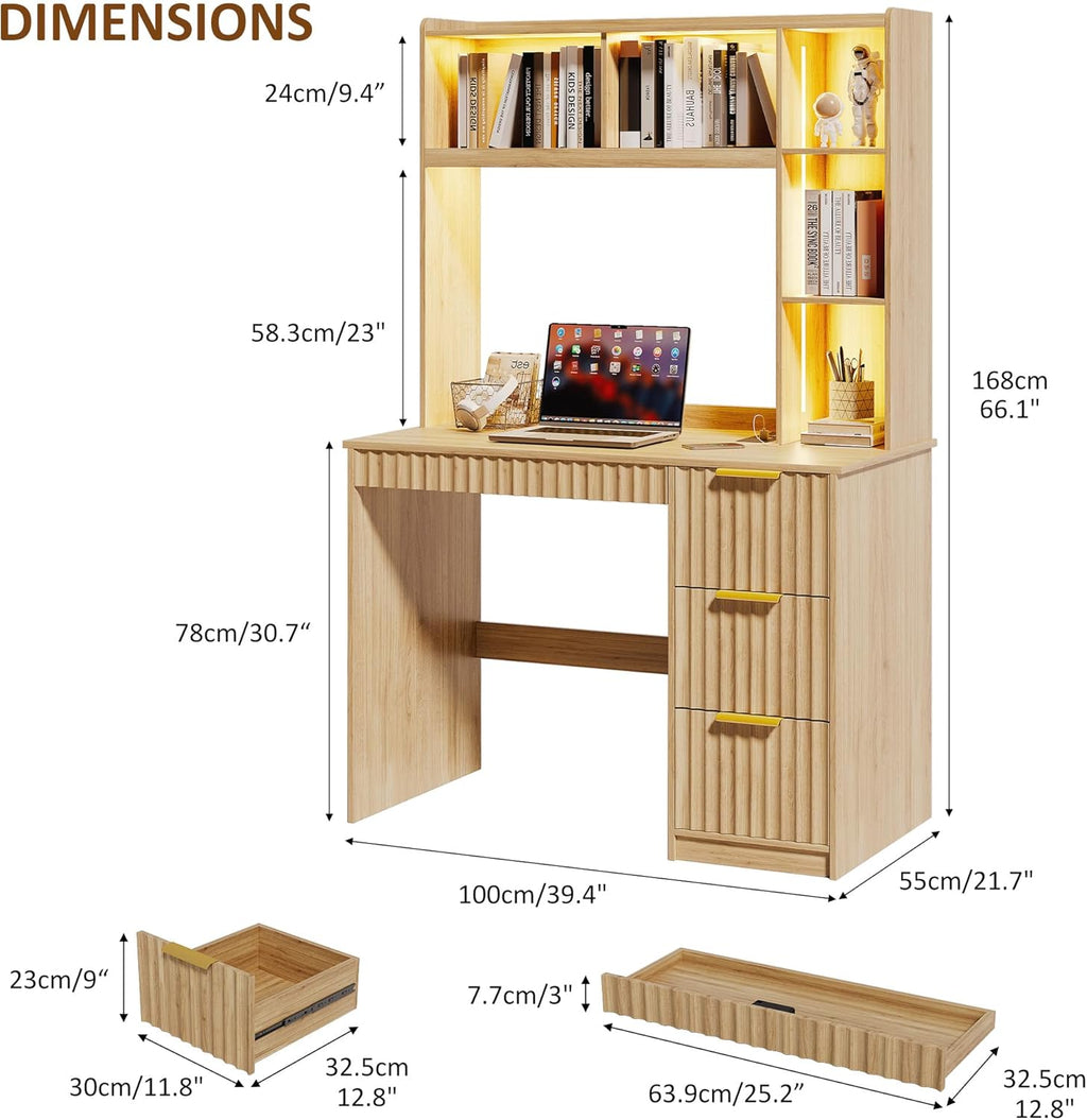 Gurexl 40'' Home Office Desk - with Hutch and 3 Color LED Lights,Computer Desk with Drawers, Power Outlet & USB Charging Station,Modern Writing Study Table with Storage Shelve for Bedroom,Natural