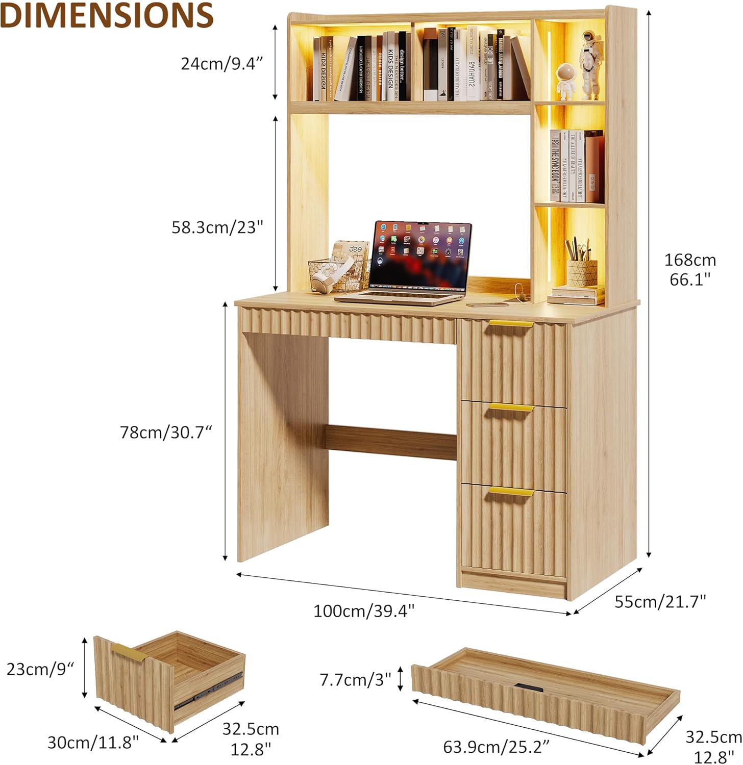 Gurexl 40'' Home Office Desk - with Hutch and 3 Color LED Lights,Computer Desk with Drawers, Power Outlet & USB Charging Station,Modern Writing Study Table with Storage Shelve for Bedroom,Natural