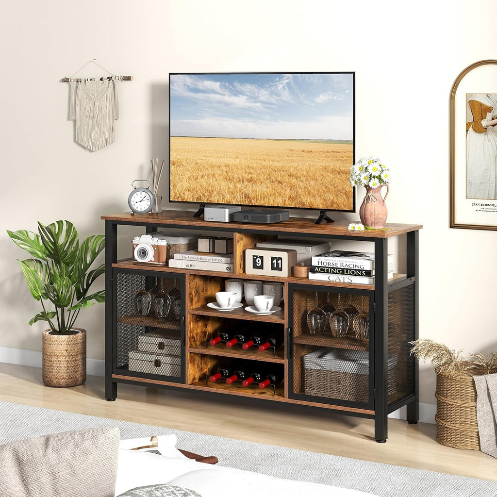 Giantex Coffee Bar Cabinet for Liquor and Glasses, 55' Buffet Sideboard with 8-Bottle Wine Racks, 6 Rows of Wine Glass Holders, Mesh Doors, Bar Cabinet for Kitchen, Dining Room, Living Room (Brown)