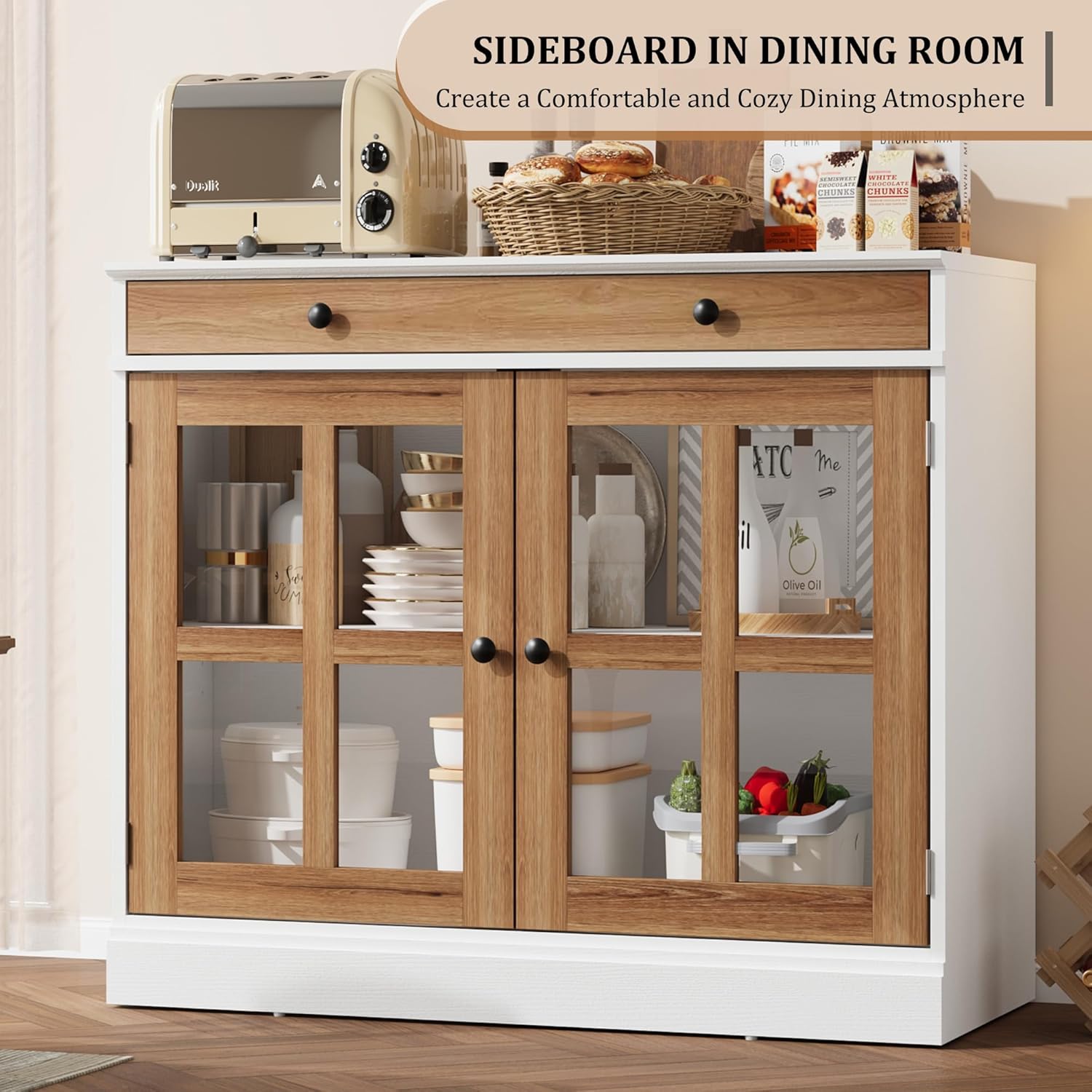 GarveeHome 35.4 in Sideboard Buffet Cabinets with Glass Door, Buffet Cabinet with Storage, White&Brown Sideboard Cabinet with Drawer, Modern Buffets & Sideboards for Dining Room, Kitchen