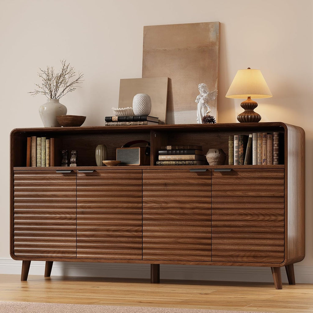 61" Sideboard Buffet Cabinet with Open Storage & 4 Doors, Large Coffee Bar Cabinet with Adjustable Shelves, Mid Century Modern Fluted Buffet Cabinet for Kitchen, Living Room, Walnut