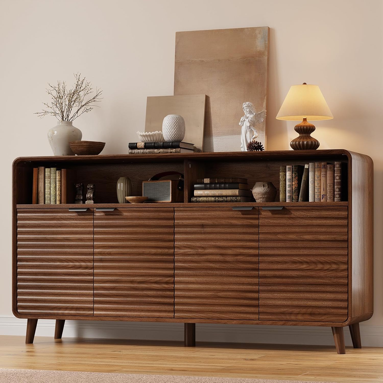 61" Sideboard Buffet Cabinet with Open Storage & 4 Doors, Large Coffee Bar Cabinet with Adjustable Shelves, Mid Century Modern Fluted Buffet Cabinet for Kitchen, Living Room, Walnut