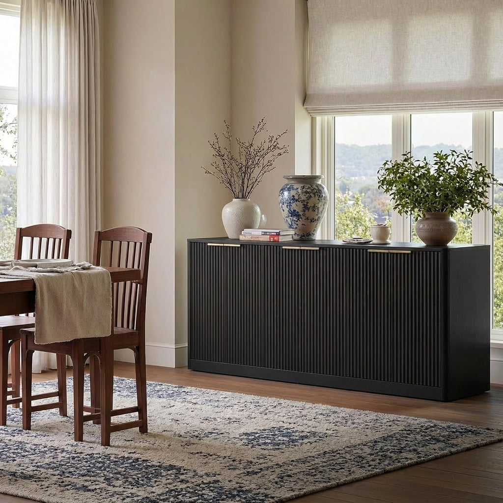 67" Fluted Buffet Cabinet Sideboard with Storage, Large Credenza with 6 Doors, Wood Mid Century Modern Sideboard for Kitchen and Living Room .Black