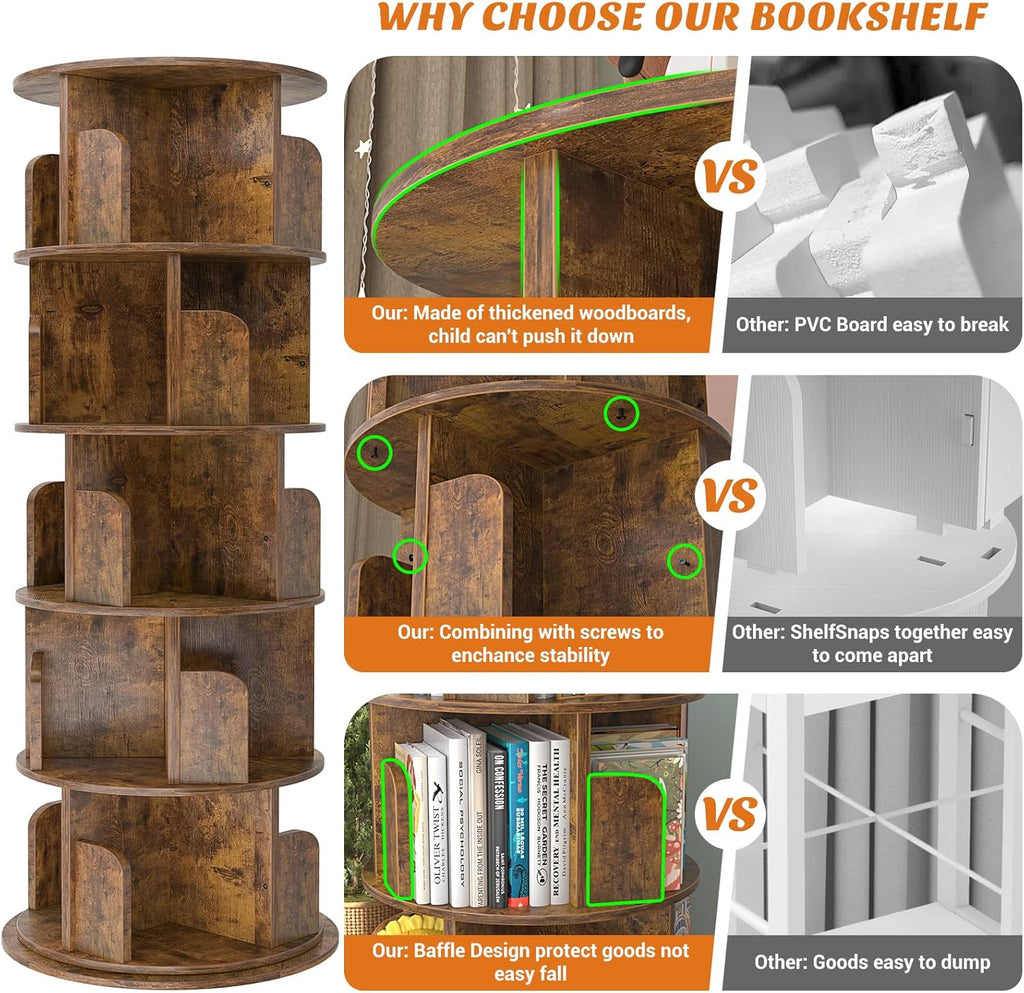 Aheaplus Rotating Bookshelf, 360 Display Wood Spinning Bookshelf Tower, 5 Tier Floor Standing Bookcase Storage Rack, Revolving Bookcase Corner Bookshelfs for Small Space, Study, Bed Room, Rustic Brown