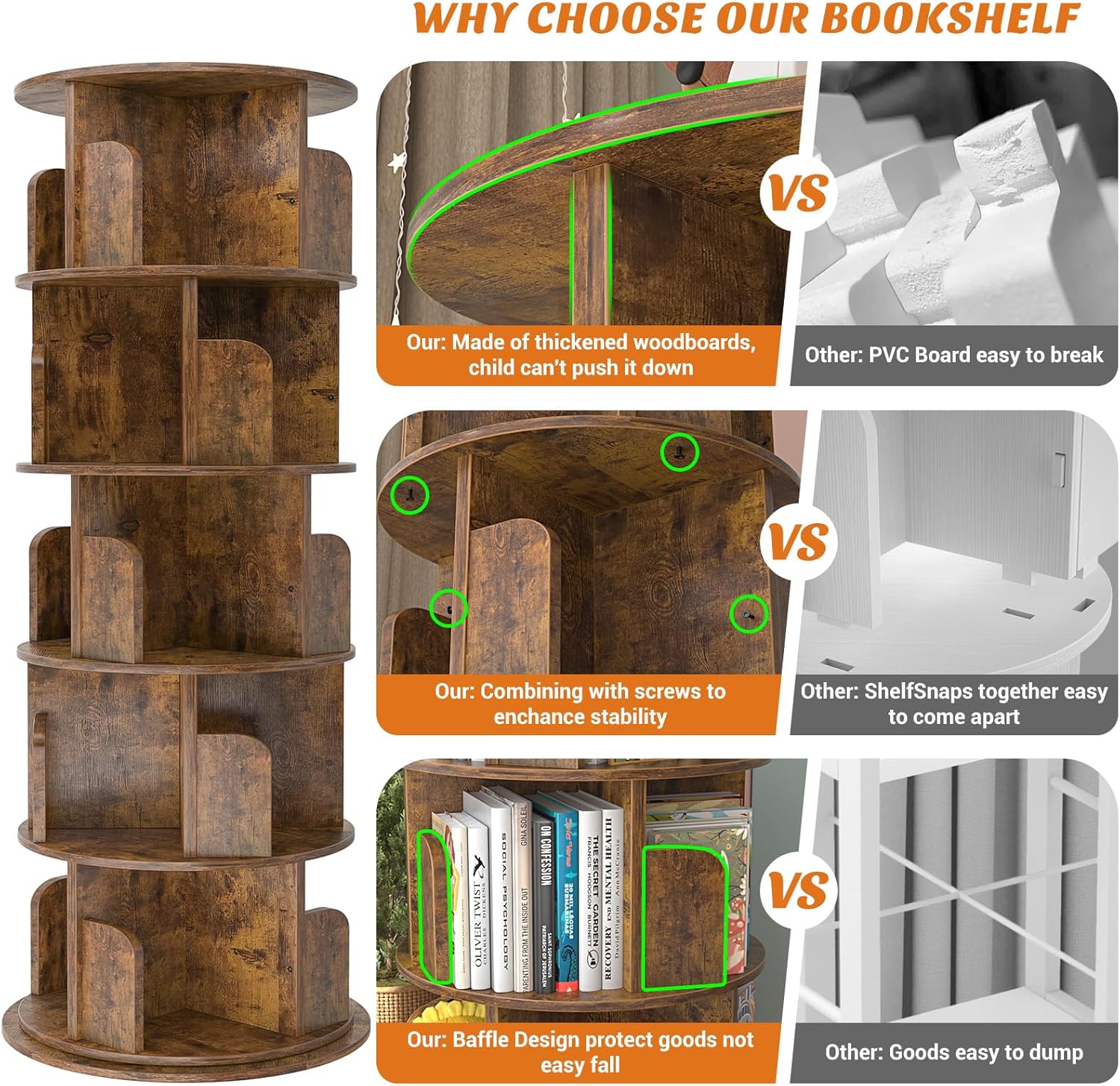 Aheaplus Rotating Bookshelf, 360 Display Wood Spinning Bookshelf Tower, 5 Tier Floor Standing Bookcase Storage Rack, Revolving Bookcase Corner Bookshelfs for Small Space, Study, Bed Room, Rustic Brown