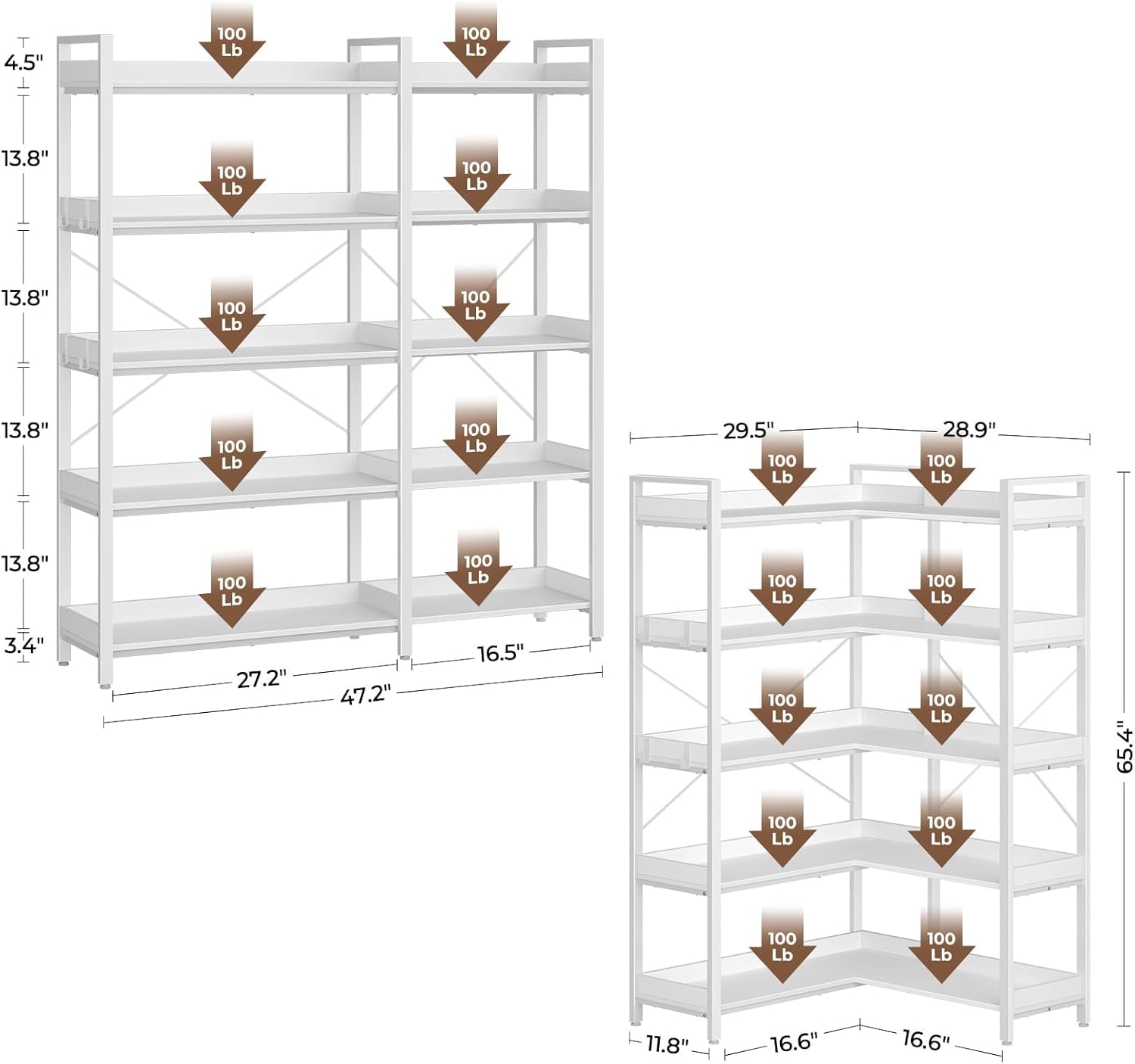 Rolanstar Bookshelf 5 Tier with 4 Hooks, Reversible Corner Bookshelf, 65" Industrial Wooden Bookcase with Open Shelves and Metal Frame for Living Room, Bedroom, Home Office, White