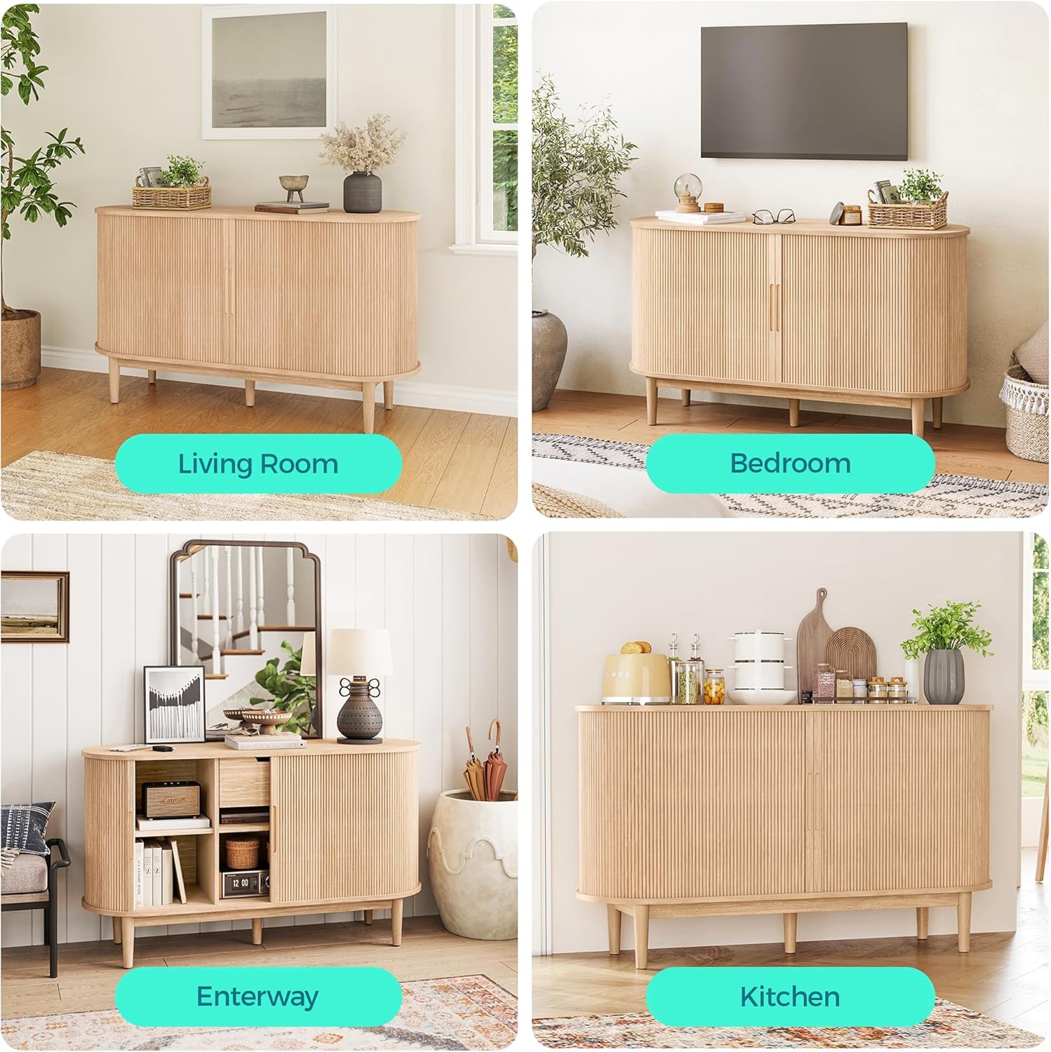 LINSY HOME Sideboard Buffet Cabinet with Storage, 55" Fluted Coffee Bar Cabinet with Tambour Sliding Doors and Drawer, Mid Century Modern Wood Storage Buffet Table for Kitchen, Living Room, Oak