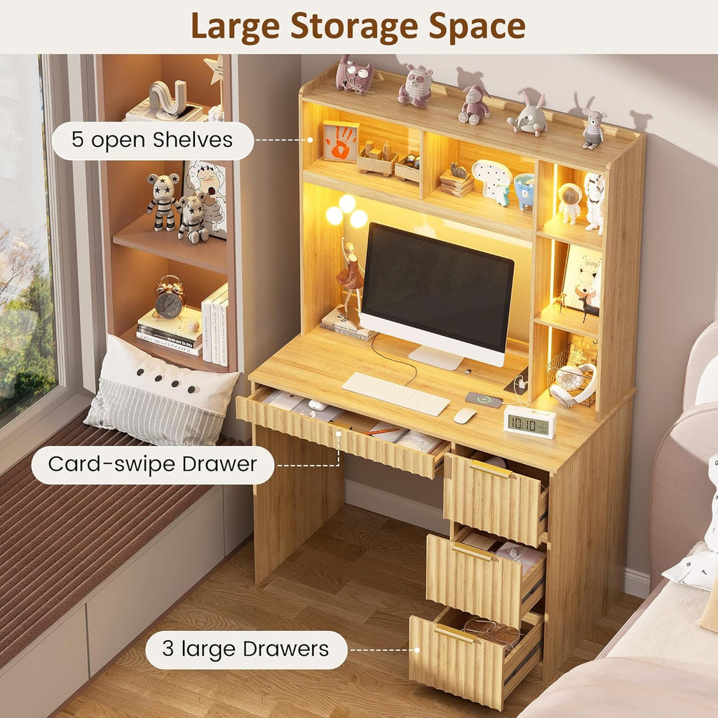 Gurexl 40'' Home Office Desk - with Hutch and 3 Color LED Lights,Computer Desk with Drawers, Power Outlet & USB Charging Station,Modern Writing Study Table with Storage Shelve for Bedroom,Natural