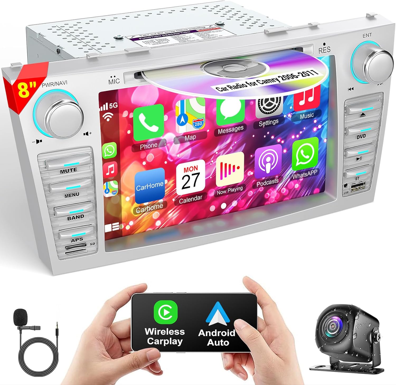 Car Radio for Toyota Camry 2006 2007 2008 2009 2010 2011, 8-inch Touch Screen Car Stereo Support CD/DVD,CarPlay&Android Auto, Bluetooth5.2&Voice Control, Backup Camera& SWC