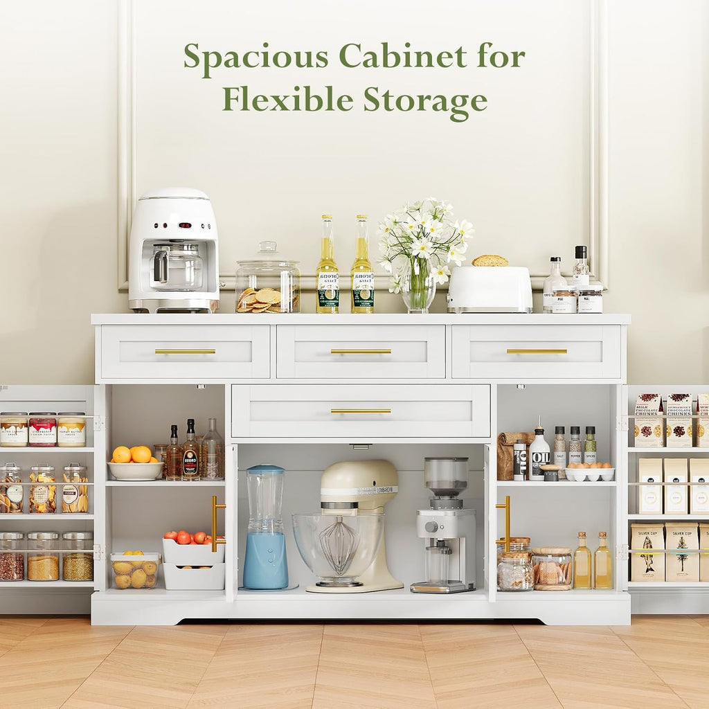 Concho 54" Buffet Cabinet with Storage, Kitchen Sideboards Small Coffee Bar Cabinet with 4 Drawers, Modern Kitchen Storage Cabinet for Living Room, White